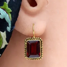 14k Emerald Cut Garnet Granulated Earrings