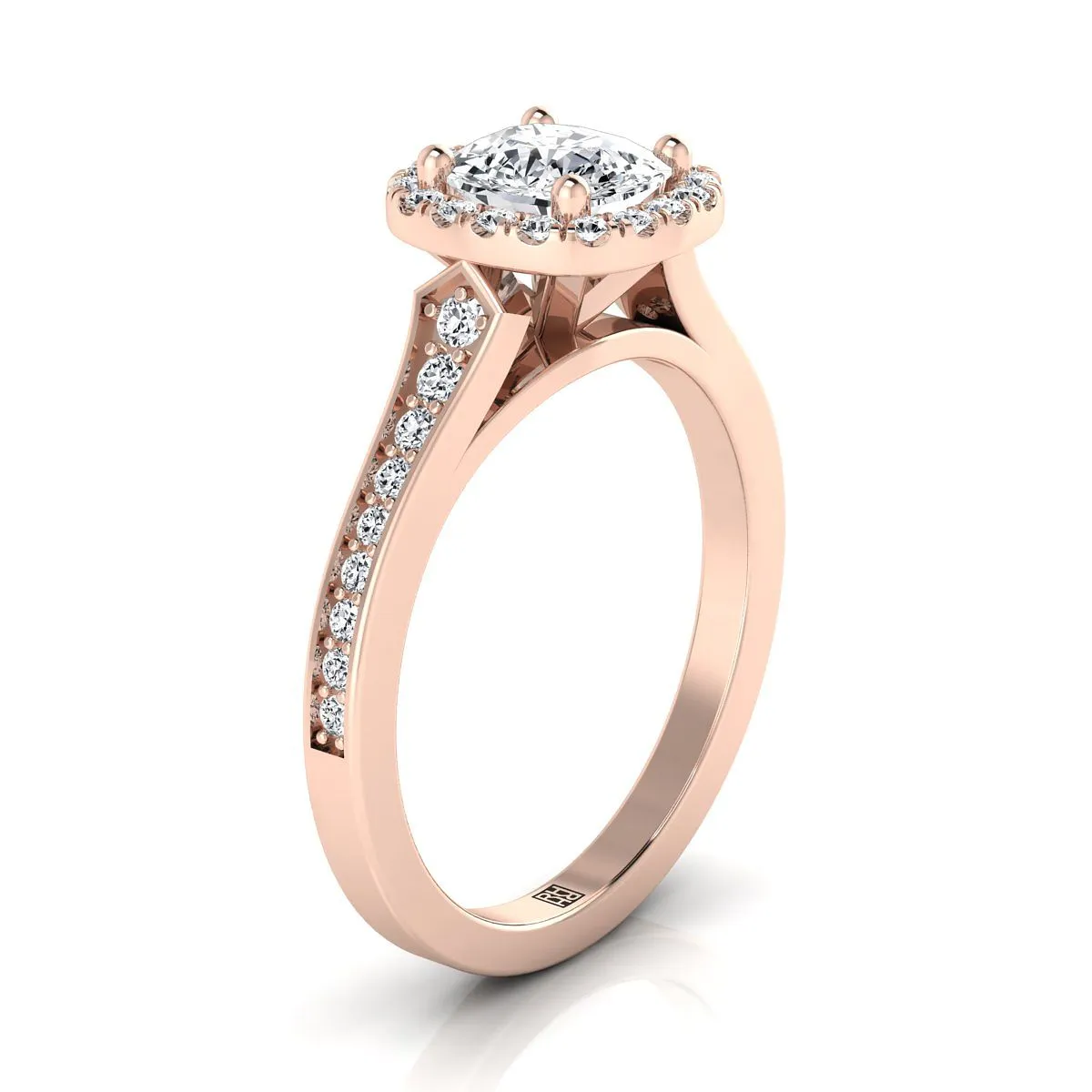 14K Rose Gold Cushion Diamond Classic Halo with Channel French Pave Engagement RIng  -1/3ctw