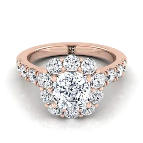 14K Rose Gold Cushion Diamond Luxe Style French Pave Halo Engagement Ring -1-1/10ctw