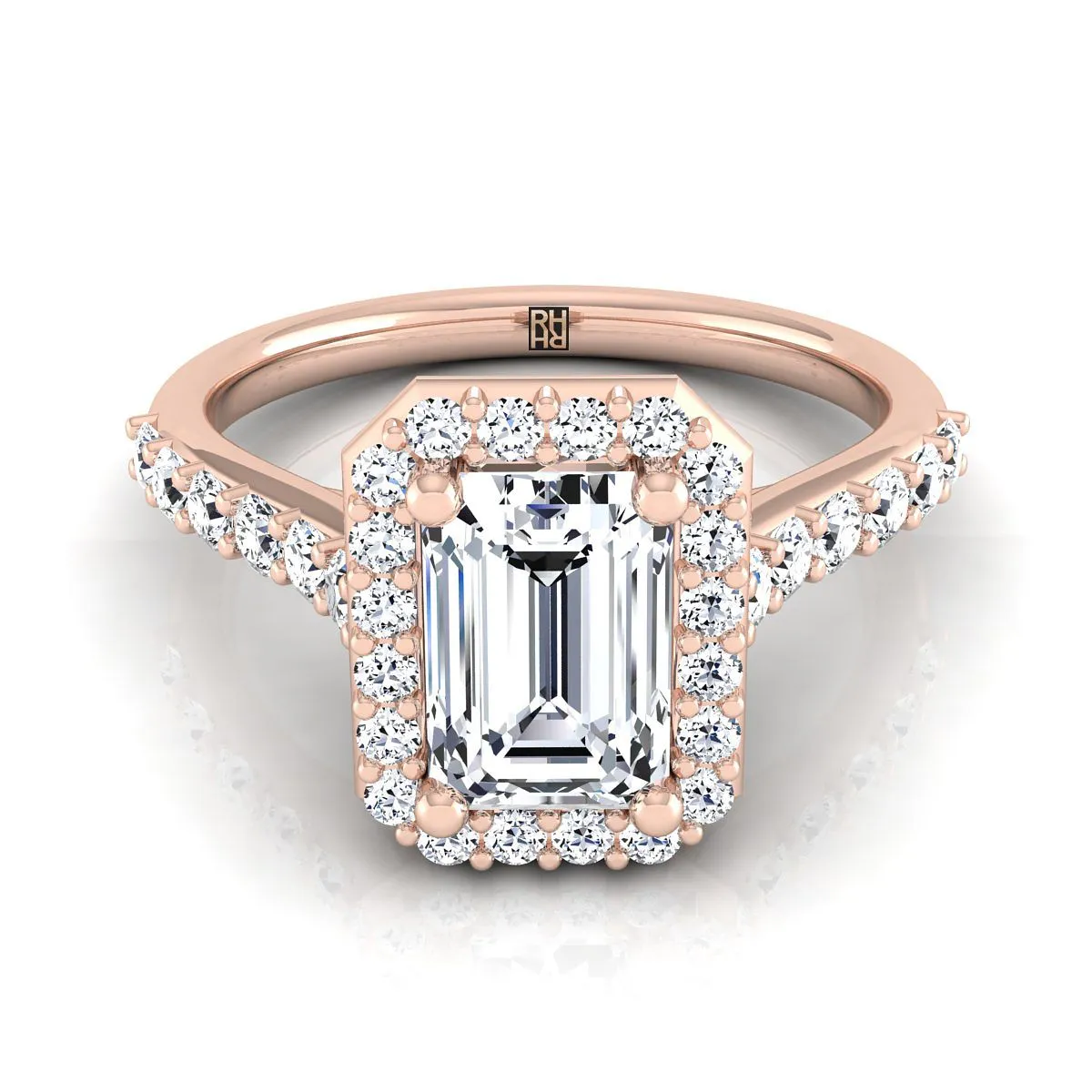 14K Rose Gold Emerald Cut Diamond Shared Prong Halo with French Pave Engagement Ring -1/2ctw