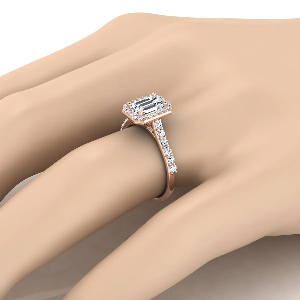 14K Rose Gold Emerald Cut Diamond Shared Prong Halo with French Pave Engagement Ring -1/2ctw