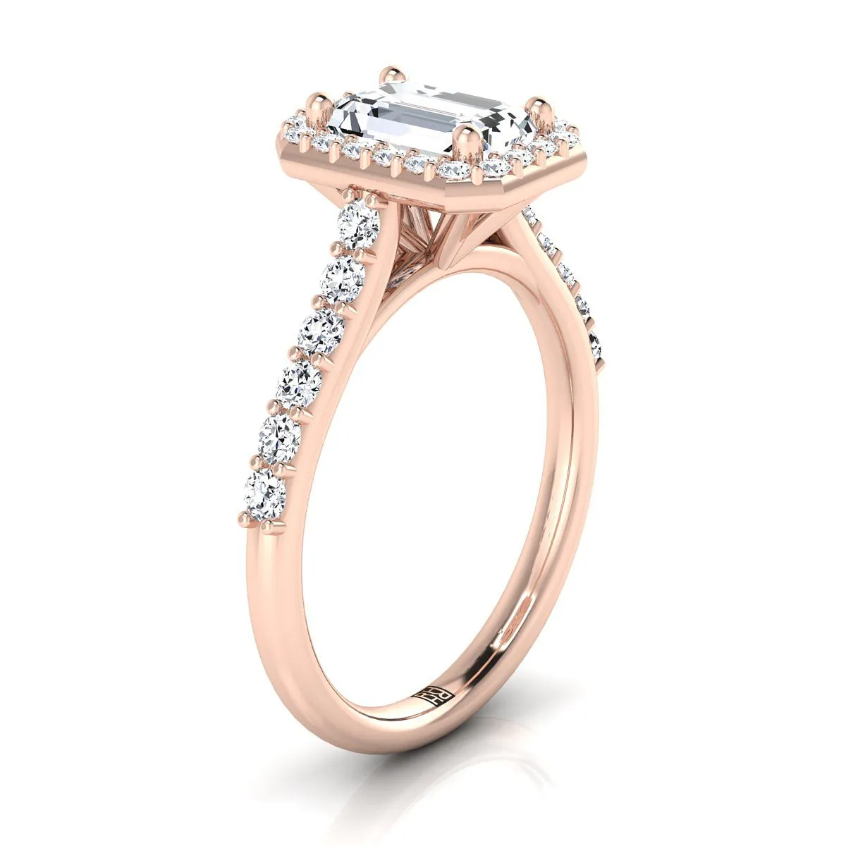 14K Rose Gold Emerald Cut Diamond Shared Prong Halo with French Pave Engagement Ring -1/2ctw