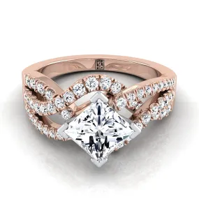 14K Rose Gold Princess Cut Bypass Twist French Pave Swirl Diamond Engagement Ring -1/2ctw