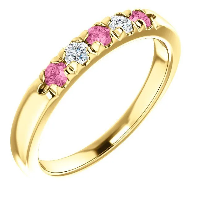 14KT GOLD 0.24 CTW PINK SAPPHIRE & 0.12 CTW DIAMOND FRENCH-SET 5 STONE BAND