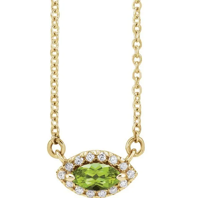 14KT GOLD 0.28 CT PERIDOT & .06 CTW DIAMOND FRENCH-SET HALO NECKLACE