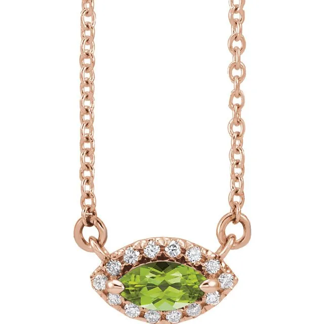 14KT GOLD 0.28 CT PERIDOT & .06 CTW DIAMOND FRENCH-SET HALO NECKLACE