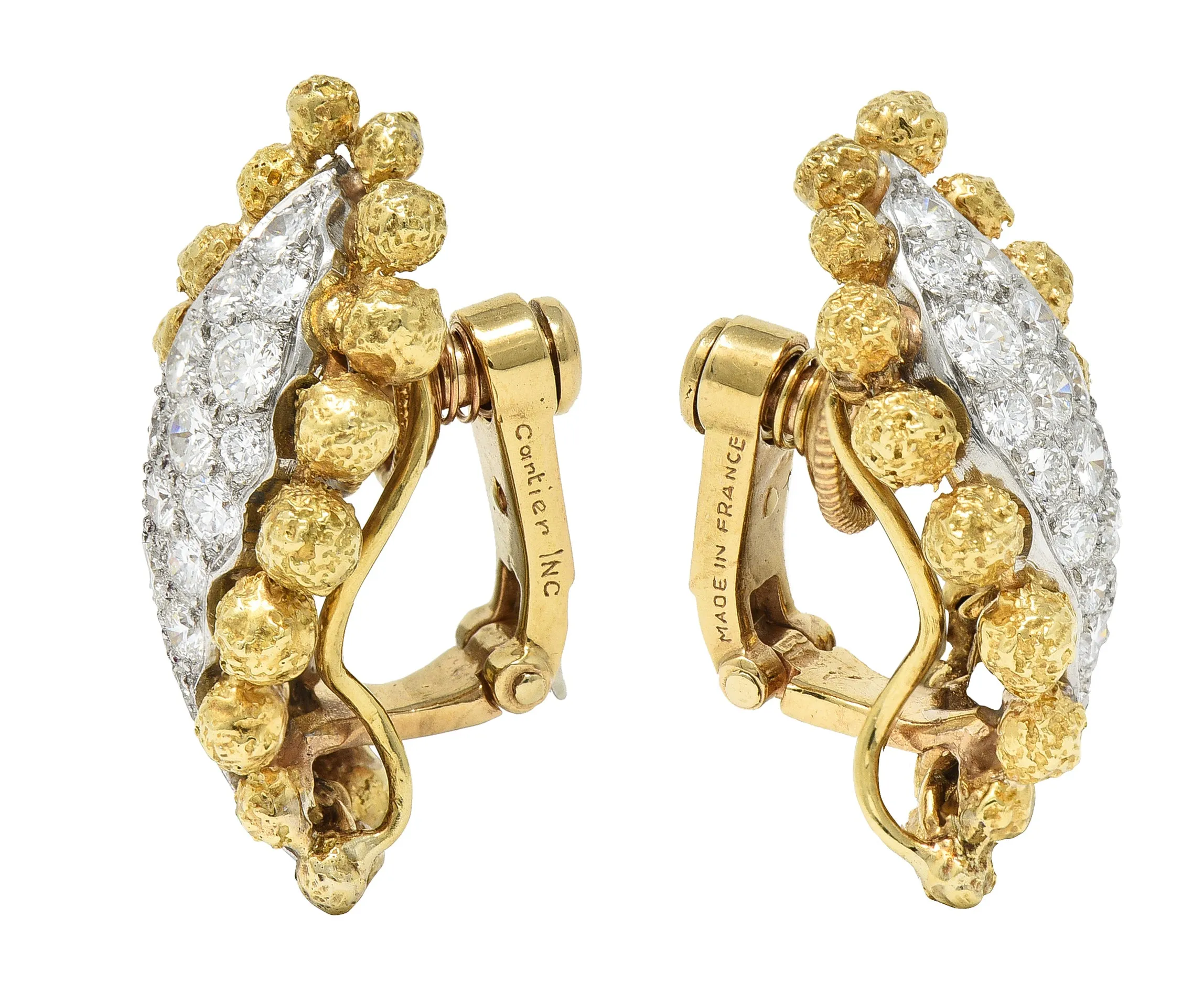 1960's Cartier 2.36 CTW Pave Diamond Platinum 18 Karat Yellow Gold Ear-Clip Earrings