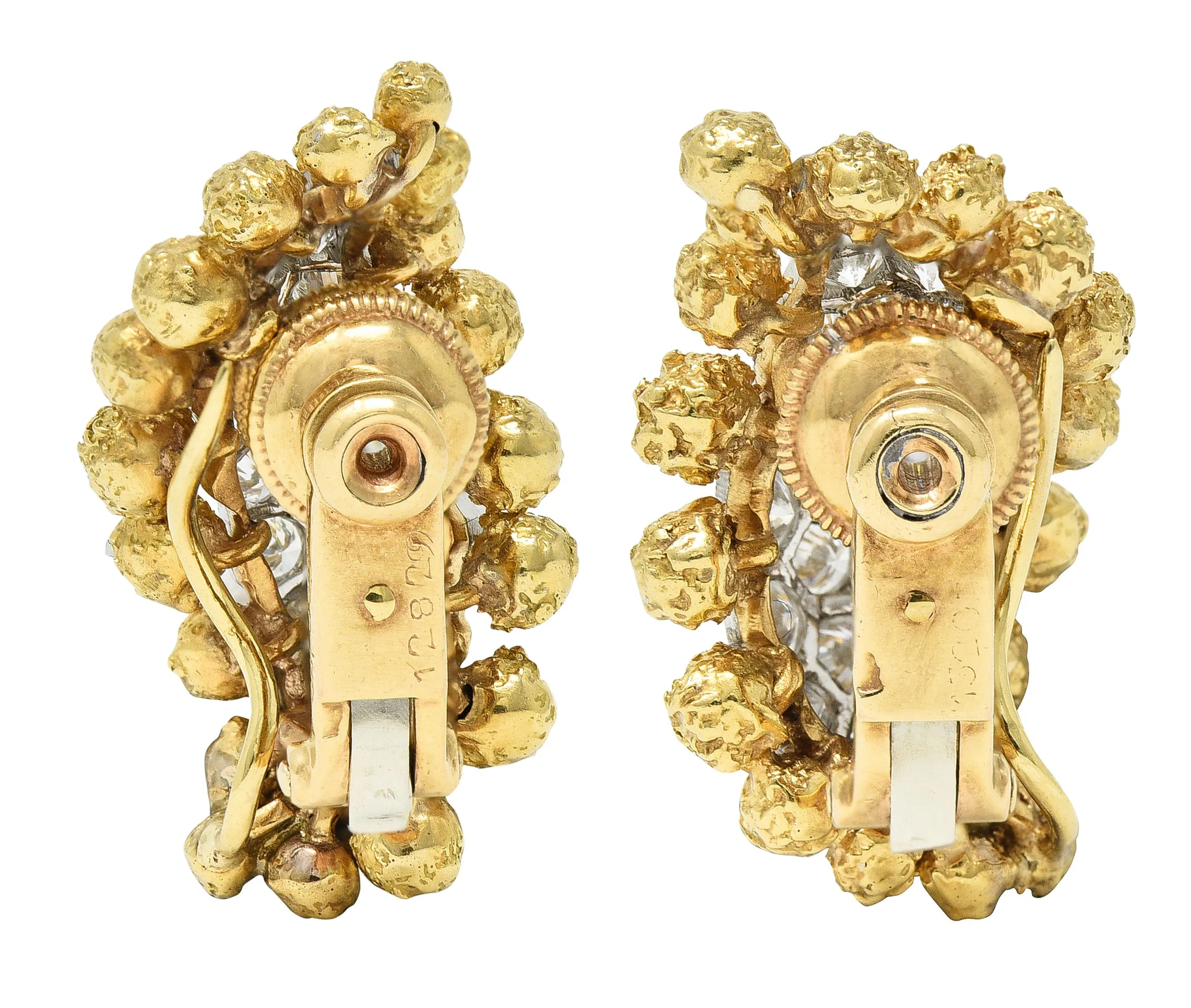 1960's Cartier 2.36 CTW Pave Diamond Platinum 18 Karat Yellow Gold Ear-Clip Earrings