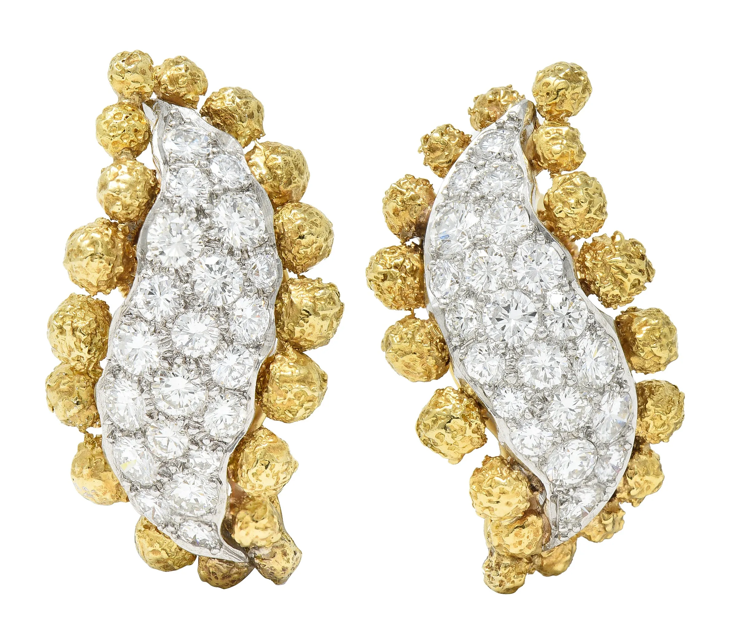 1960's Cartier 2.36 CTW Pave Diamond Platinum 18 Karat Yellow Gold Ear-Clip Earrings