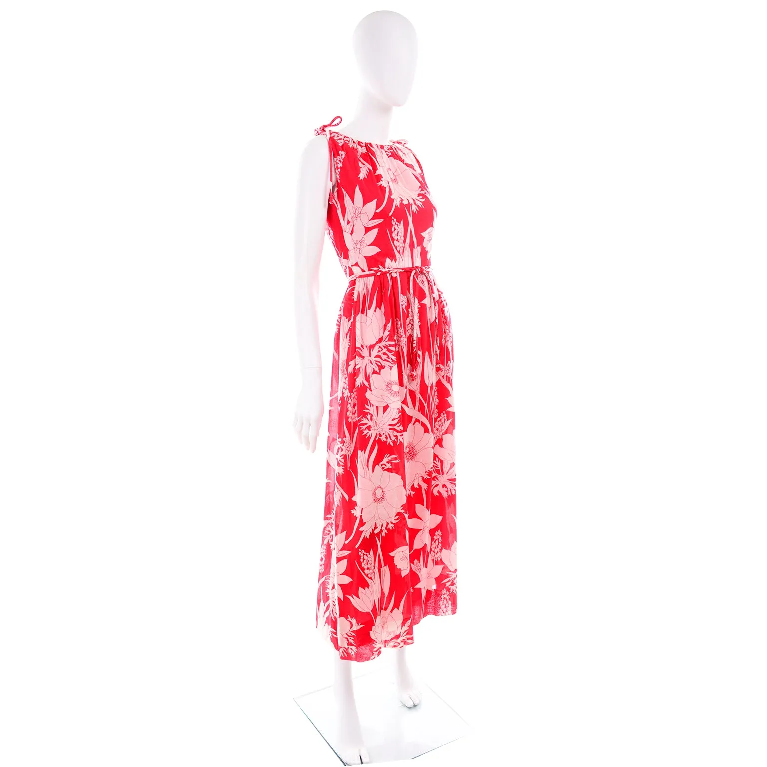 1970s Adele Simpson Red & White Cotton Floral Dress & Cape 4/6