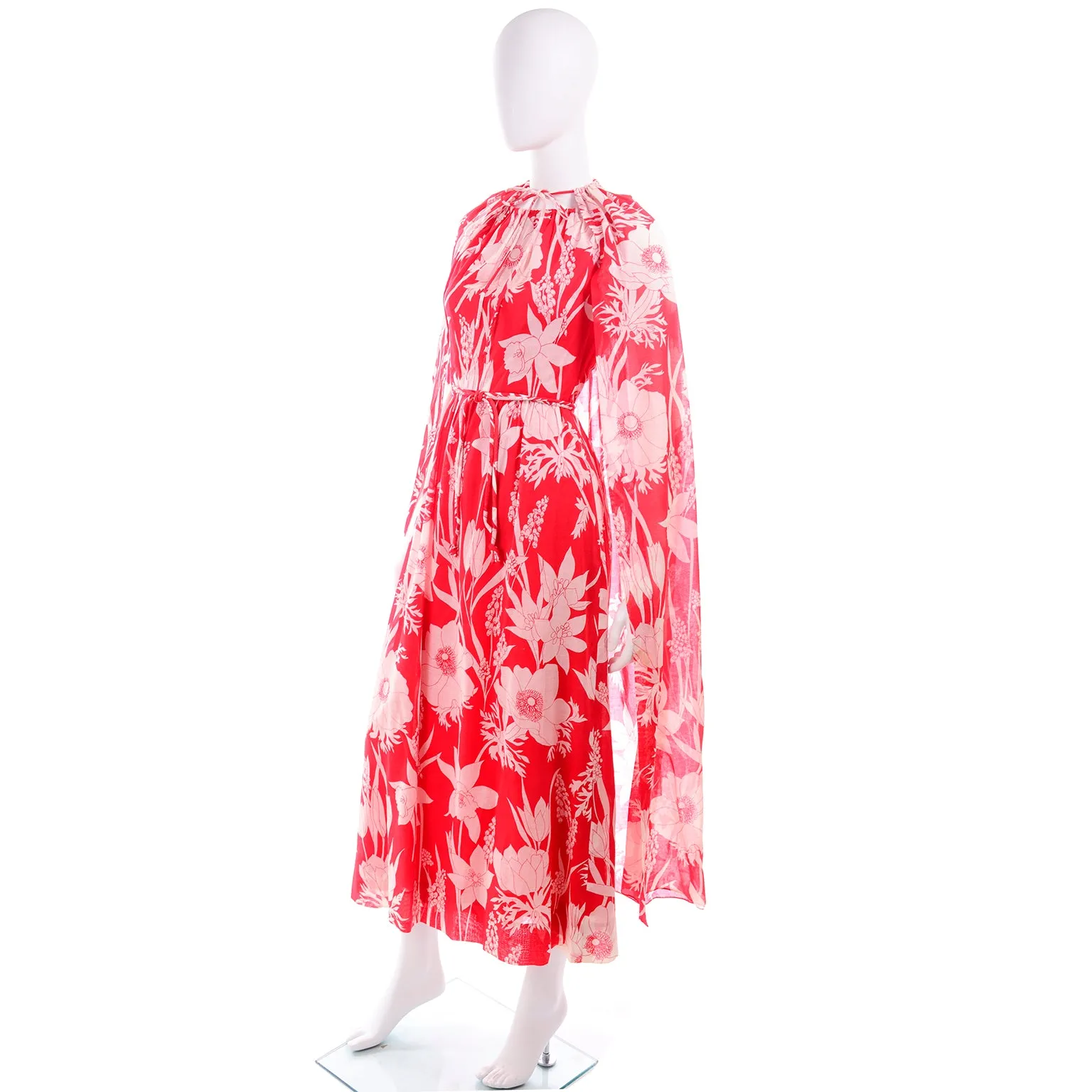 1970s Adele Simpson Red & White Cotton Floral Dress & Cape 4/6