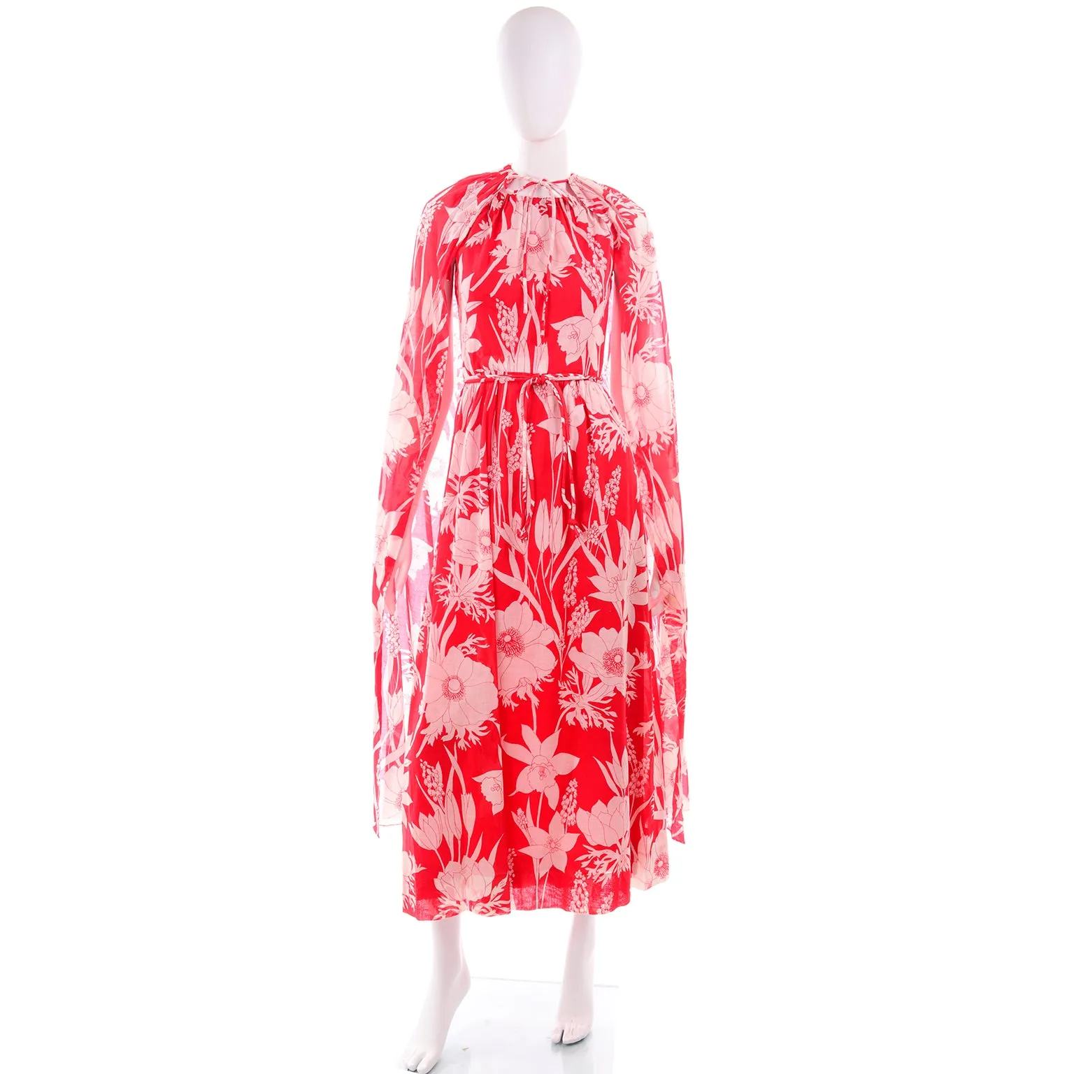 1970s Adele Simpson Red & White Cotton Floral Dress & Cape 4/6