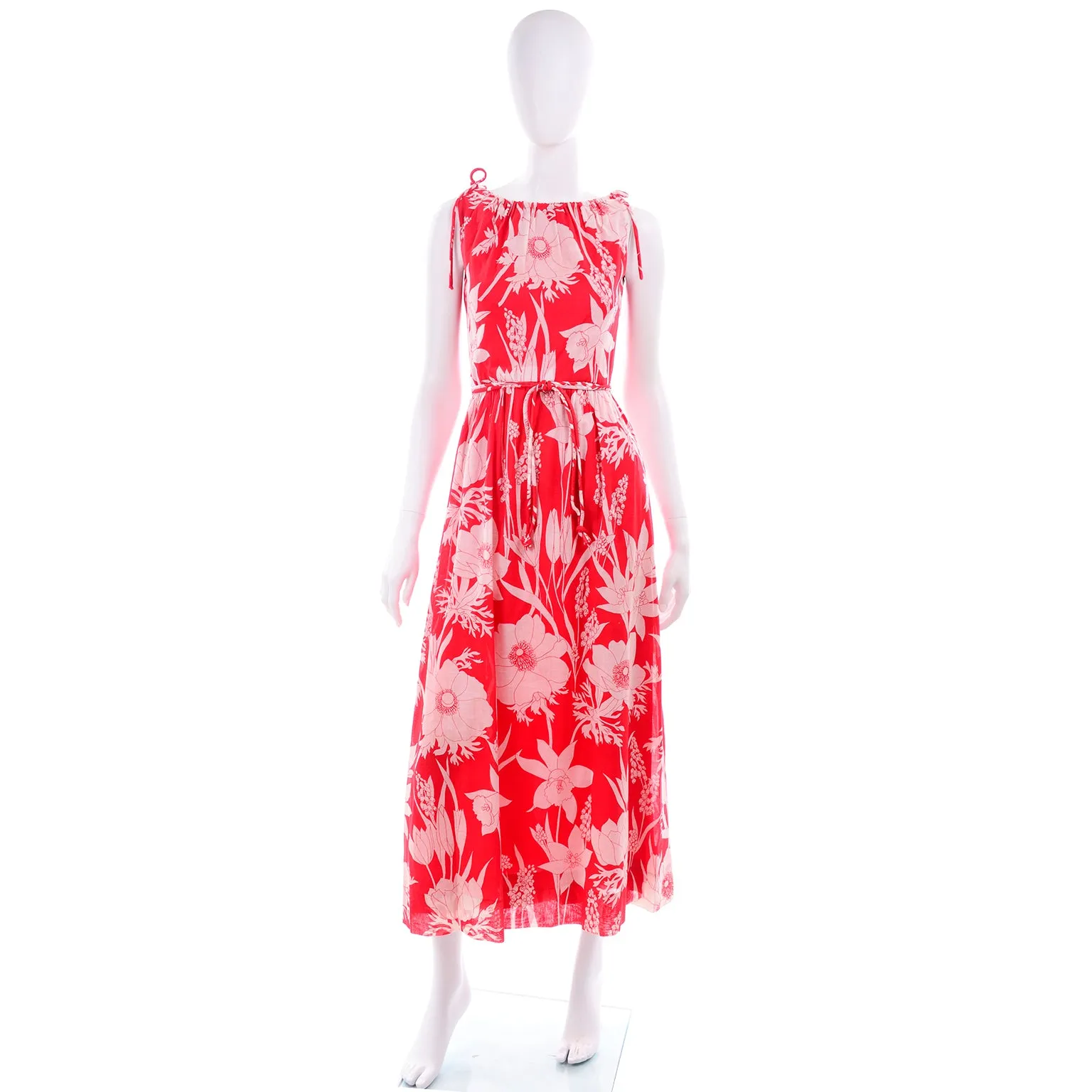 1970s Adele Simpson Red & White Cotton Floral Dress & Cape 4/6