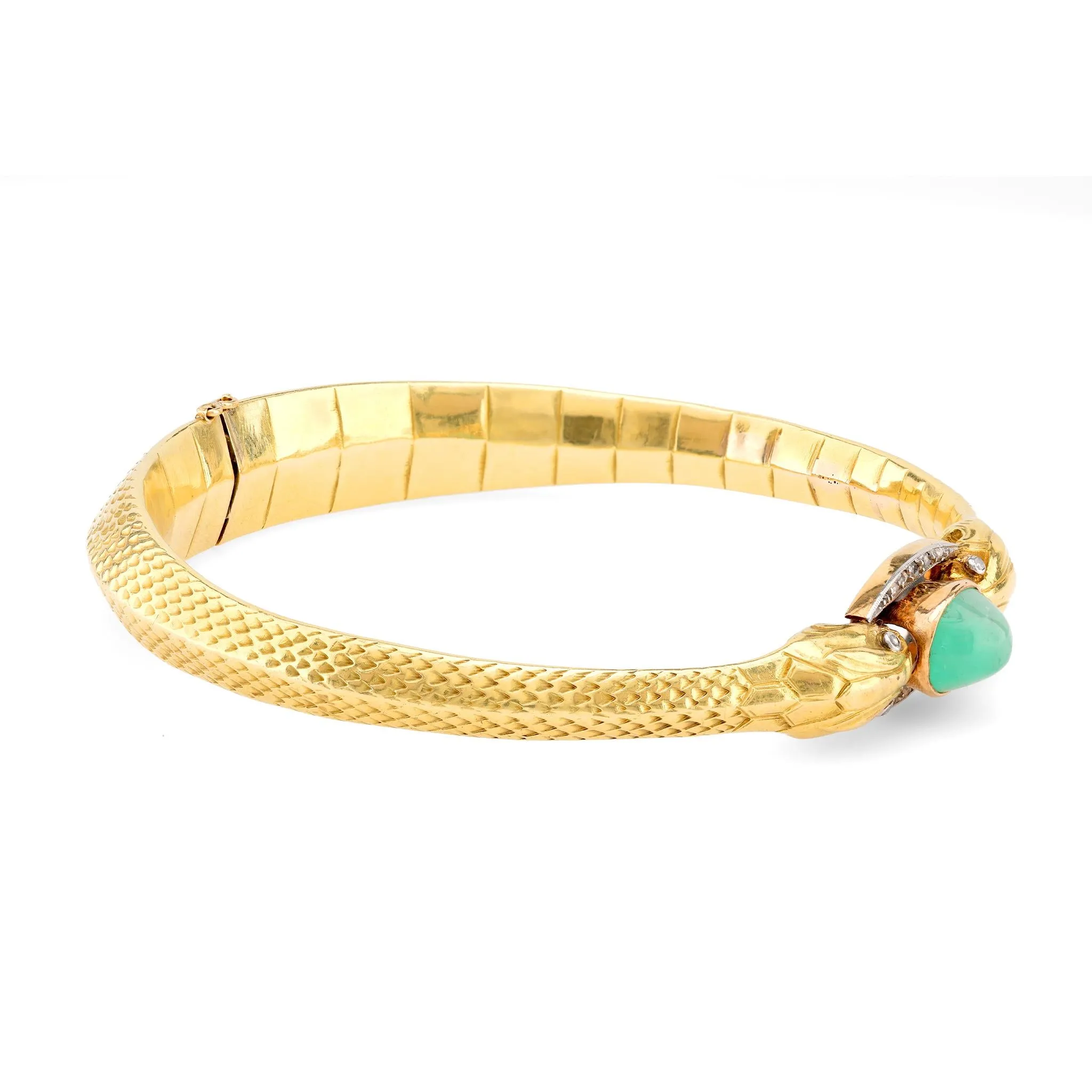 Antique French 3.60 Carat Cabochon Emerald Diamond 18K Yellow Gold Snake Bangle