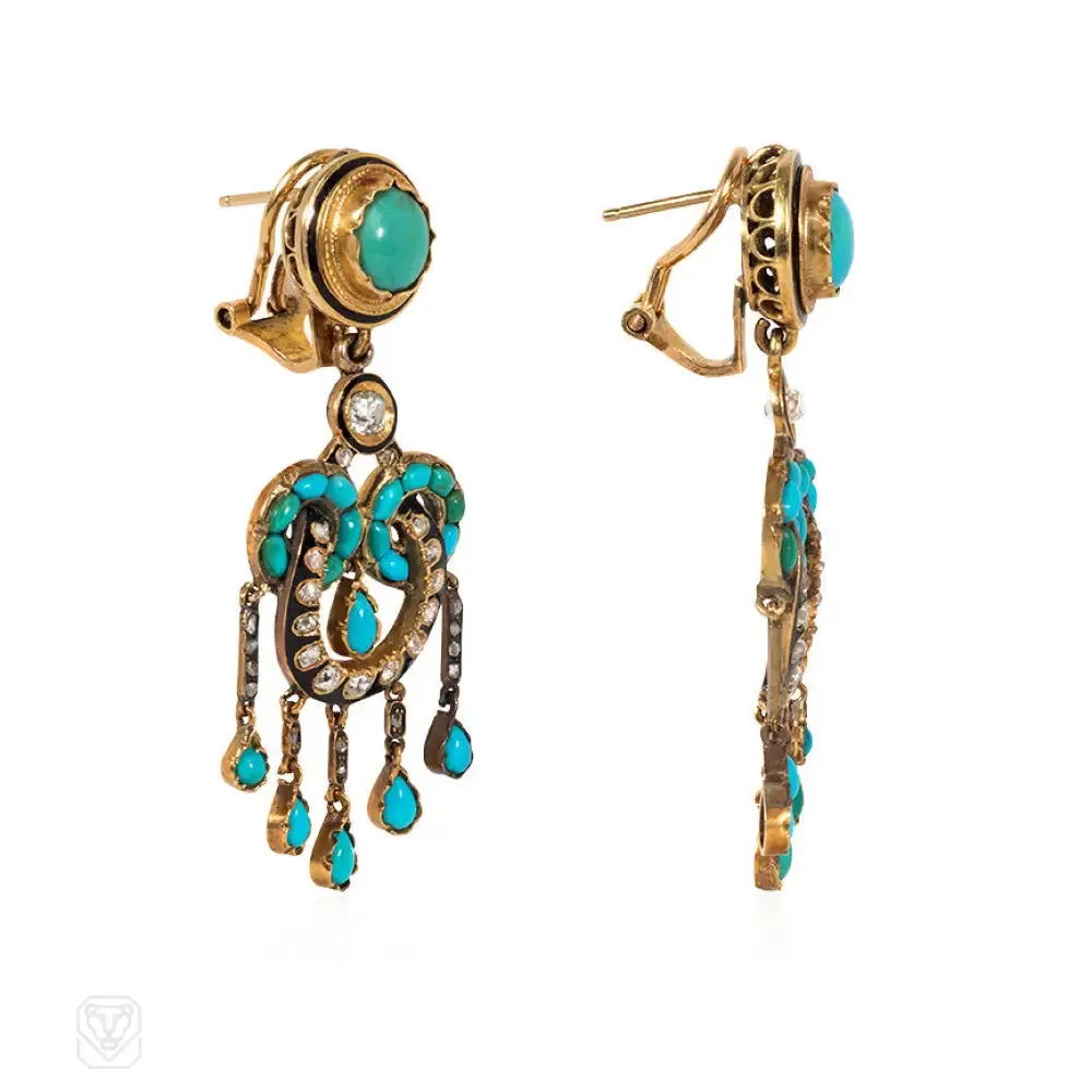 Antique French turquoise and diamond earrings