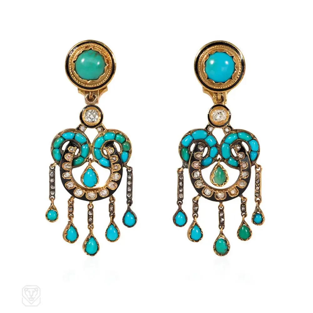 Antique French turquoise and diamond earrings