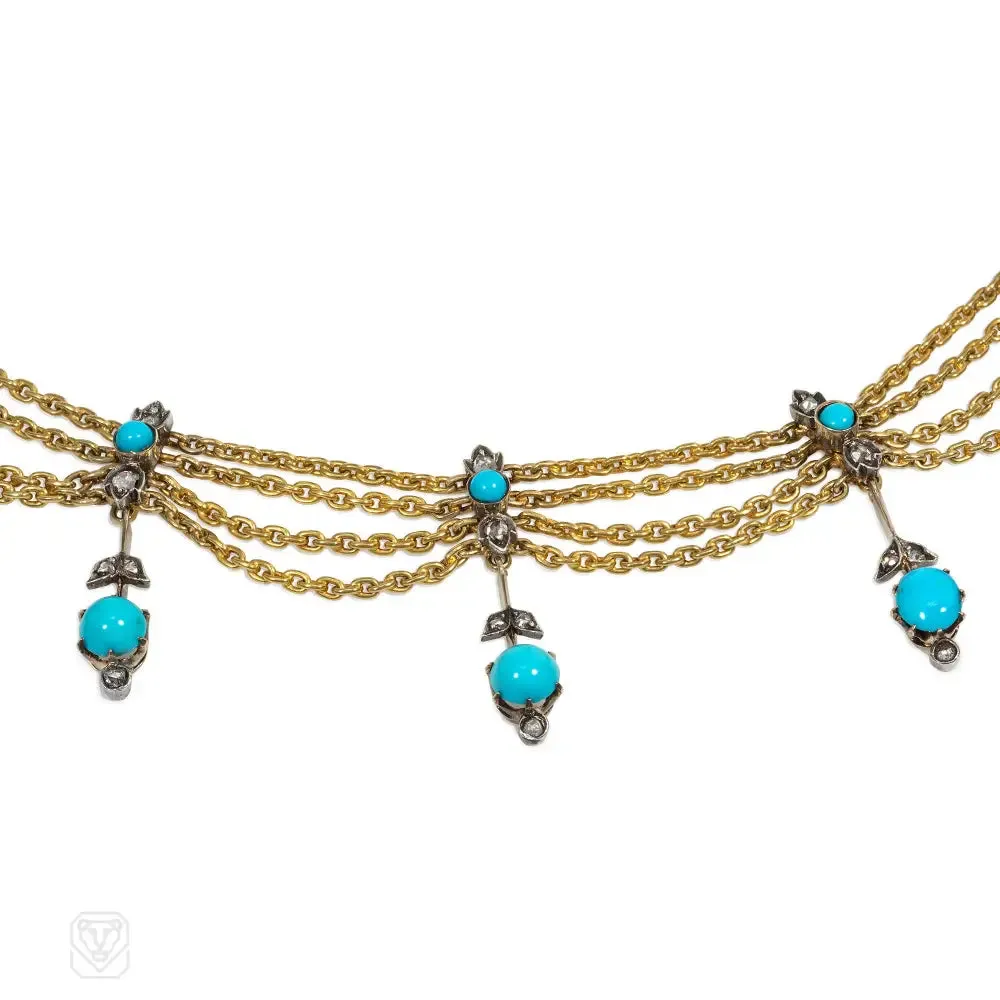 Antique gold, turquoise and diamond festoon necklace