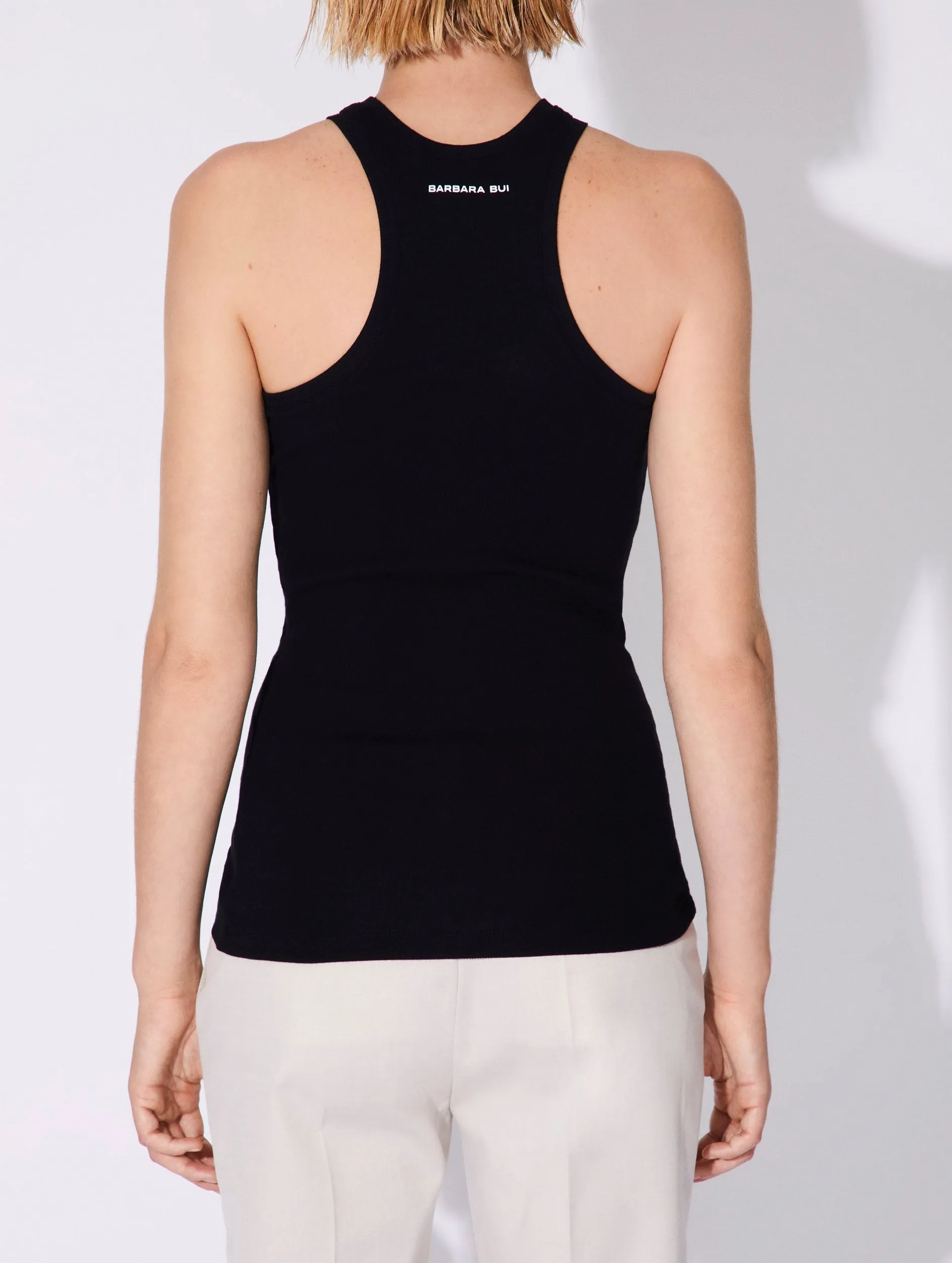 Black halterneck ribbed jersey tank top