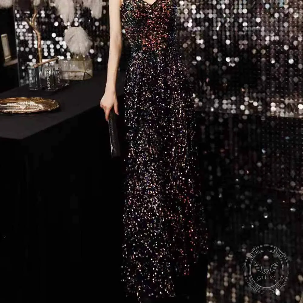 Black Sequin Strap Evening Dress