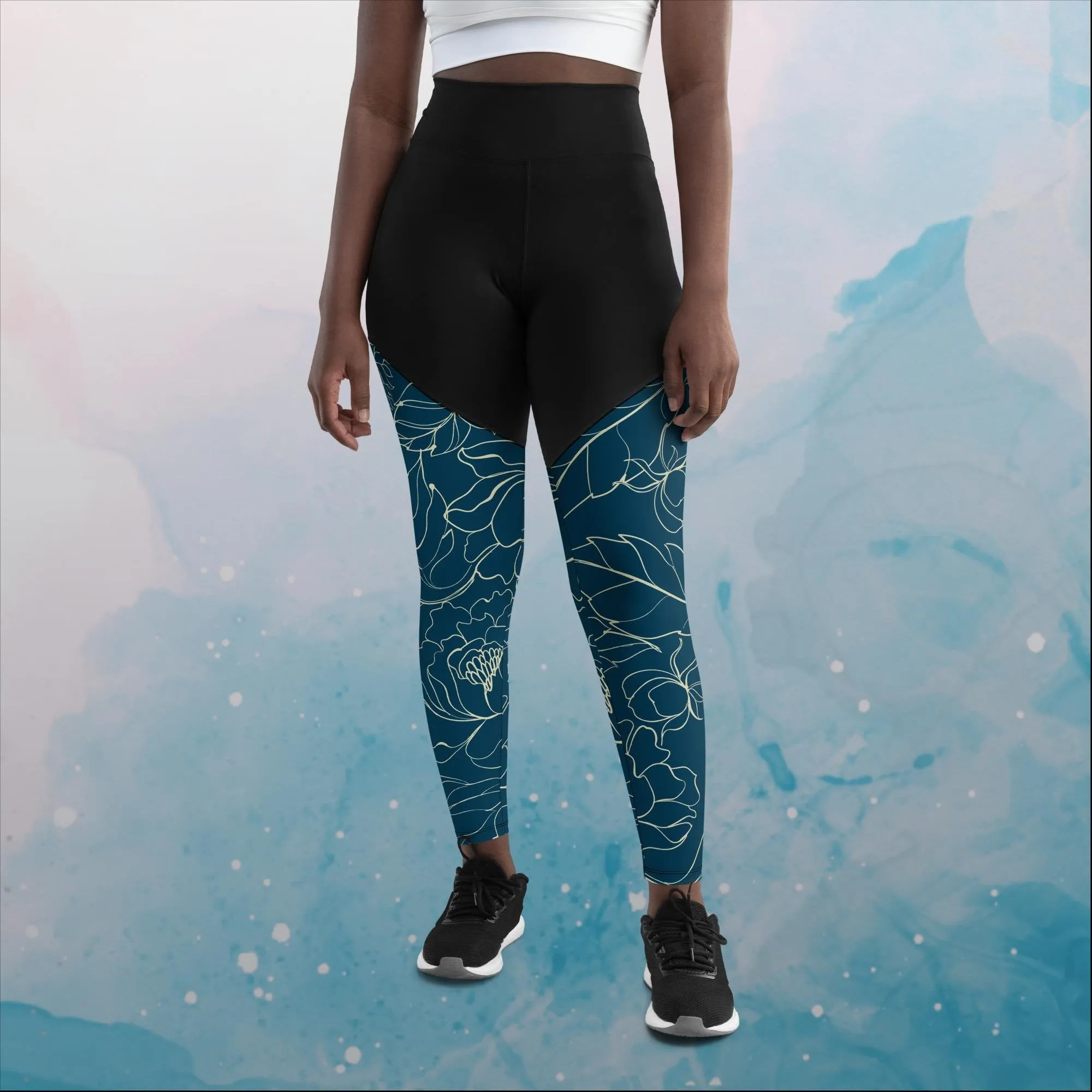 Blue and Cream Floral Stencil Lines Womens Compression Sports Leggings