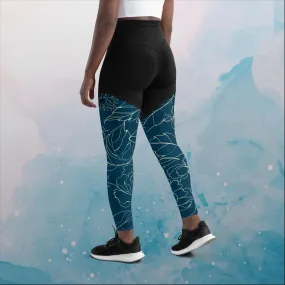 Blue and Cream Floral Stencil Lines Womens Compression Sports Leggings