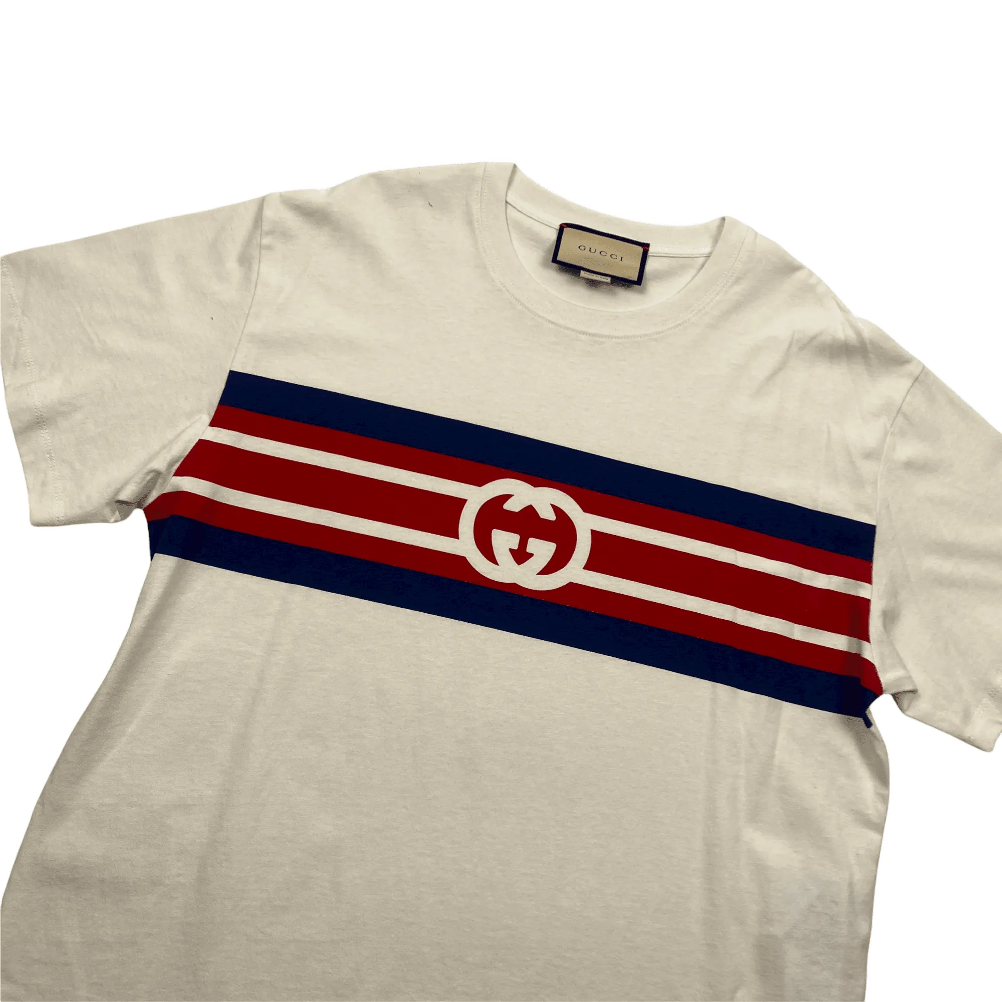 Cream, Navy Blue   Red Gucci Interlocking G Striped Tee - Medium