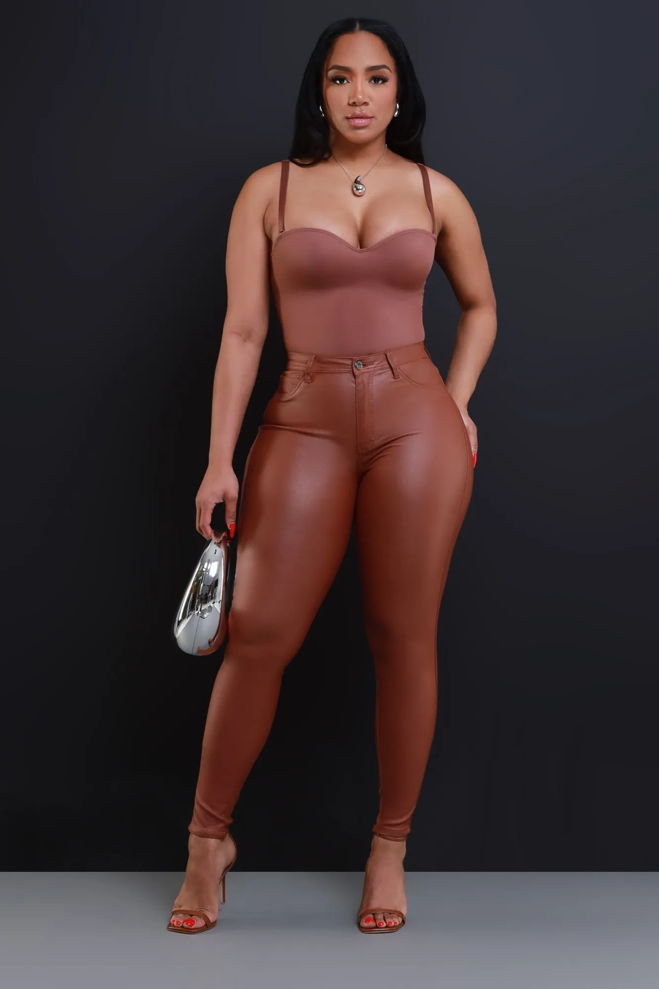 Curve You Faux Leather High Rise Pants - Rust