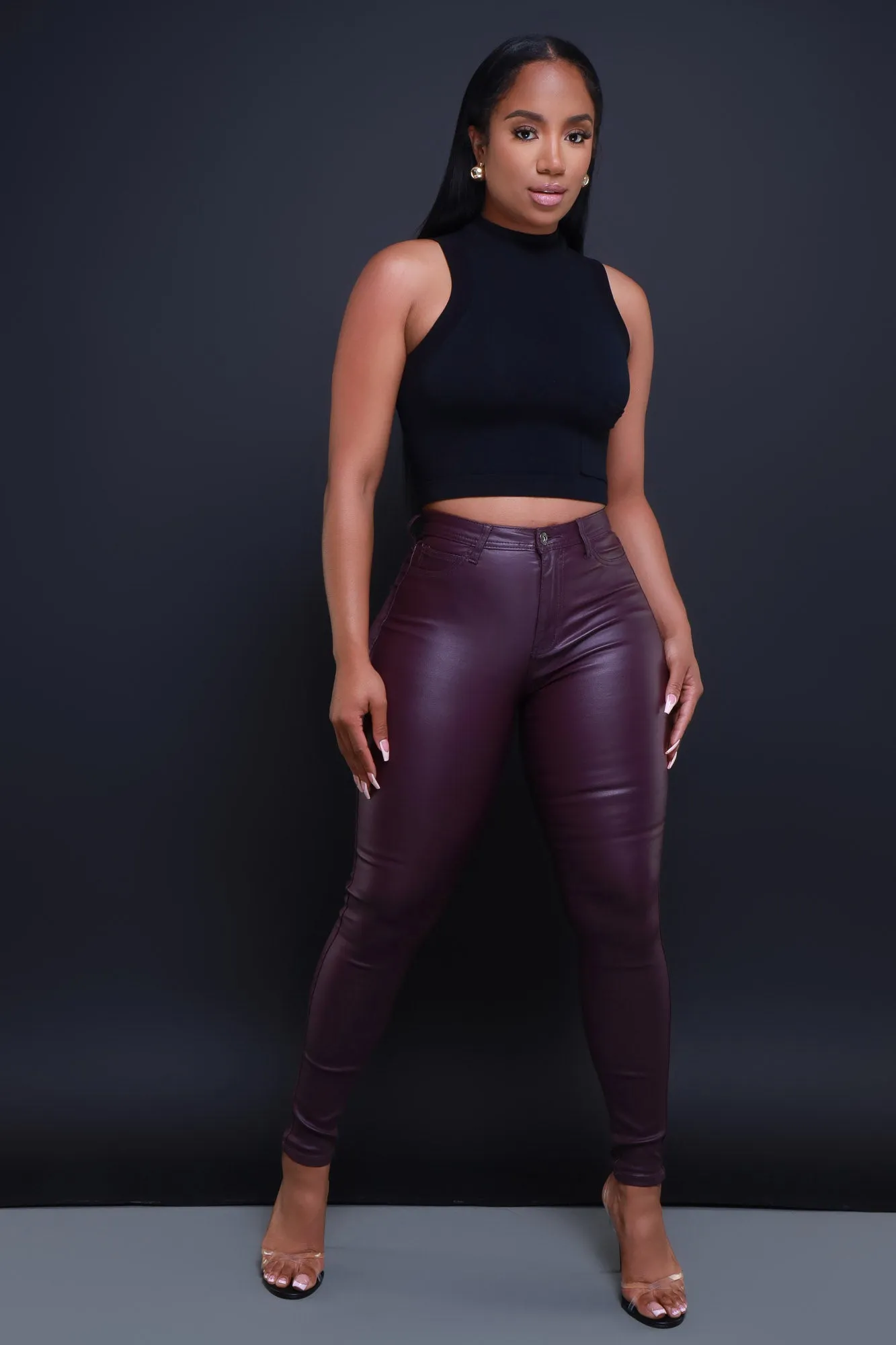 Curve You Faux Leather High Rise Pants - Wine