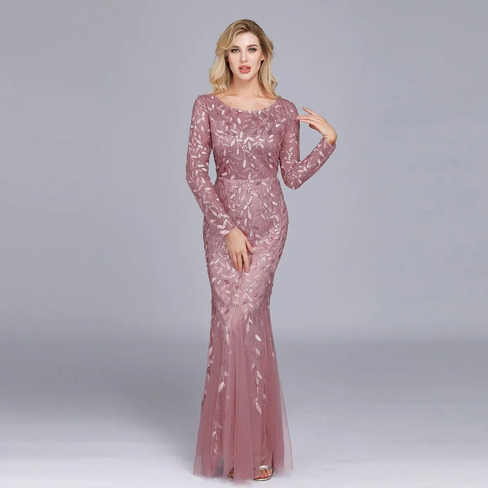 Evening Dresses Mermaid O Neck Full Sleeve Lace Appliques Tulle Long Party Gown Robe Soiree Elegant Formal Dress