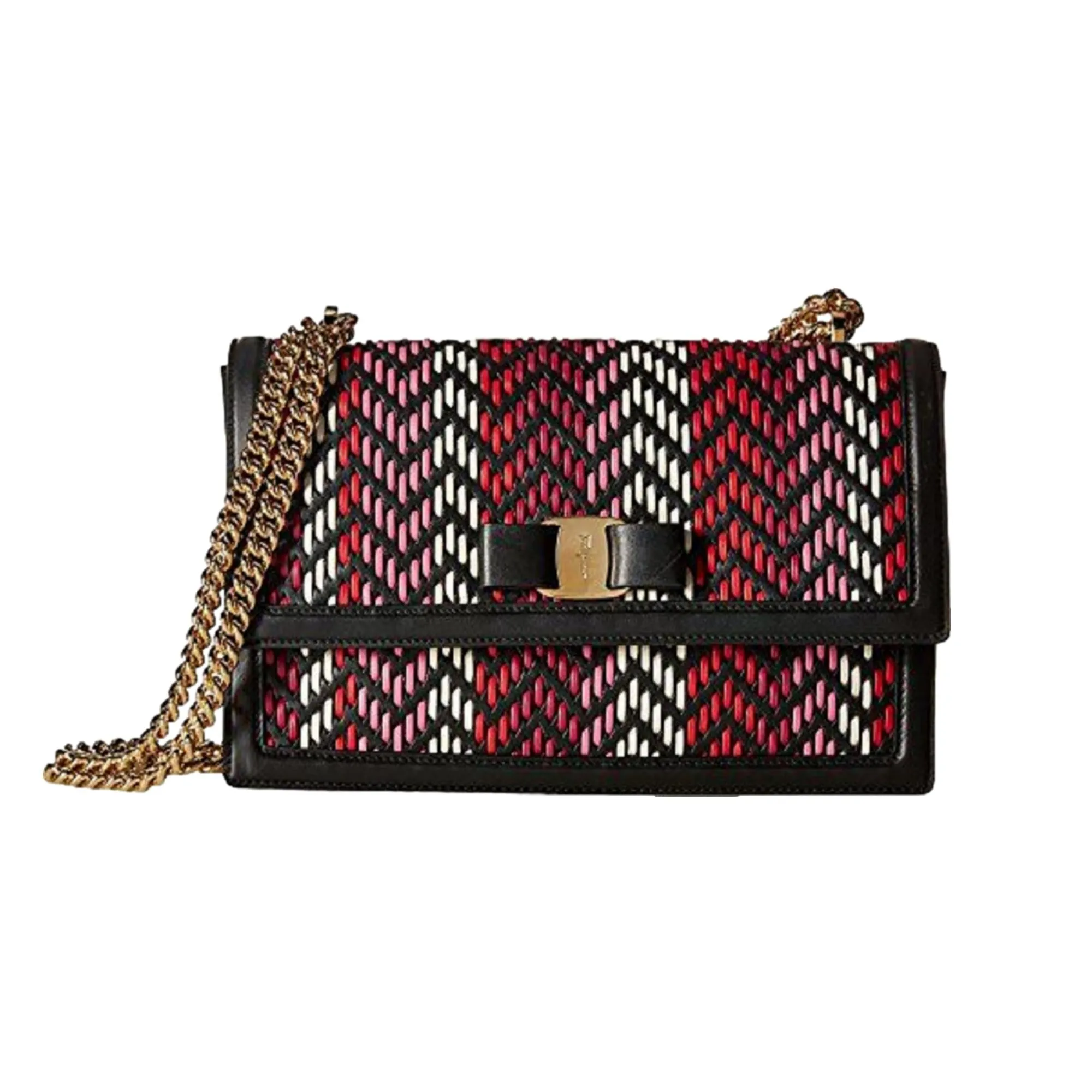 Ferragamo Ginny Multi Pink and Red Plaited Calf Leather Shoulder Bag