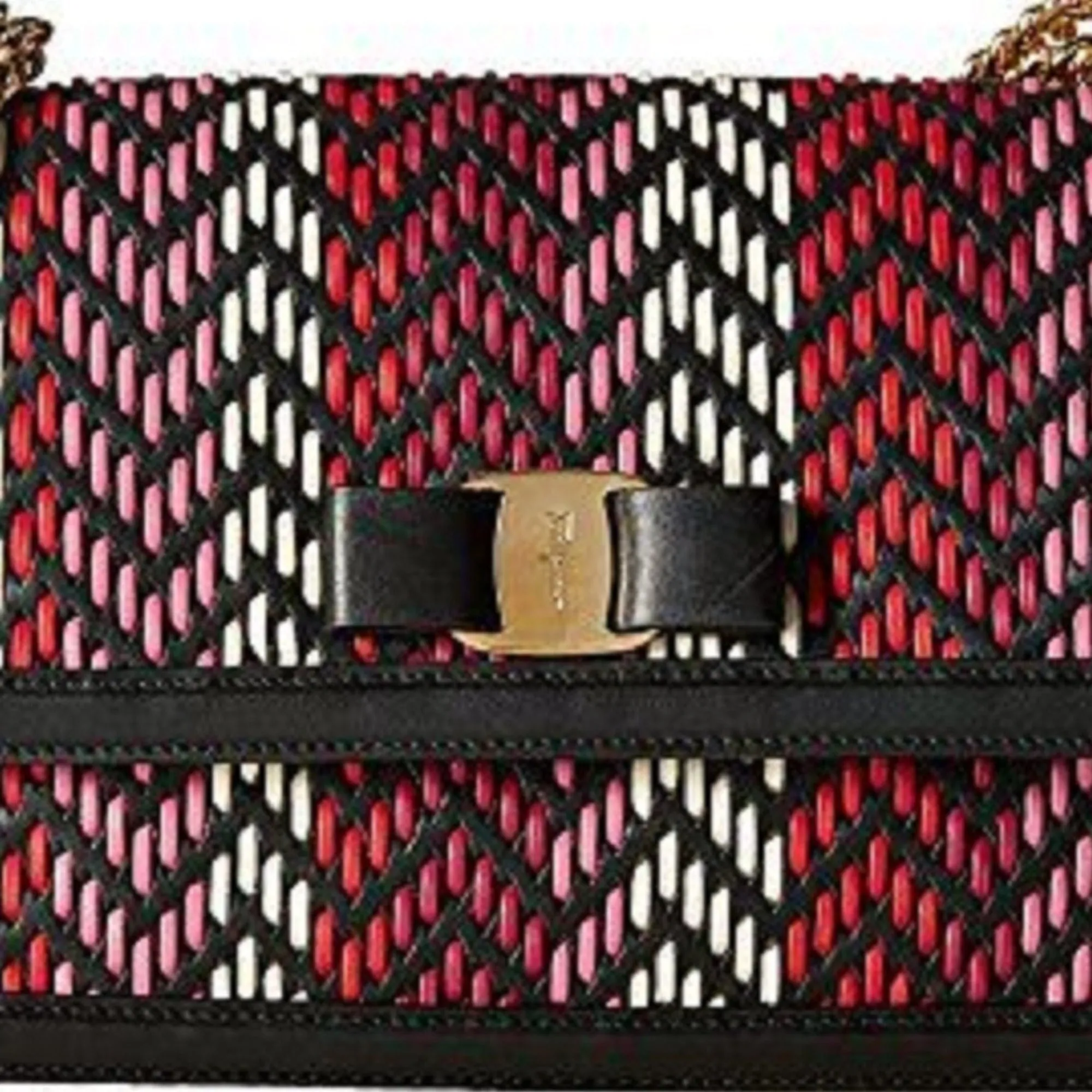 Ferragamo Ginny Multi Pink and Red Plaited Calf Leather Shoulder Bag