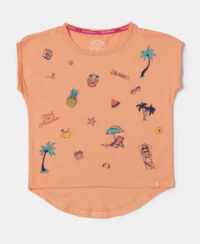 Girl's Micro Modal Cotton Printed Short Sleeve T-Shirt with Hi Low Hem - Coral Reef