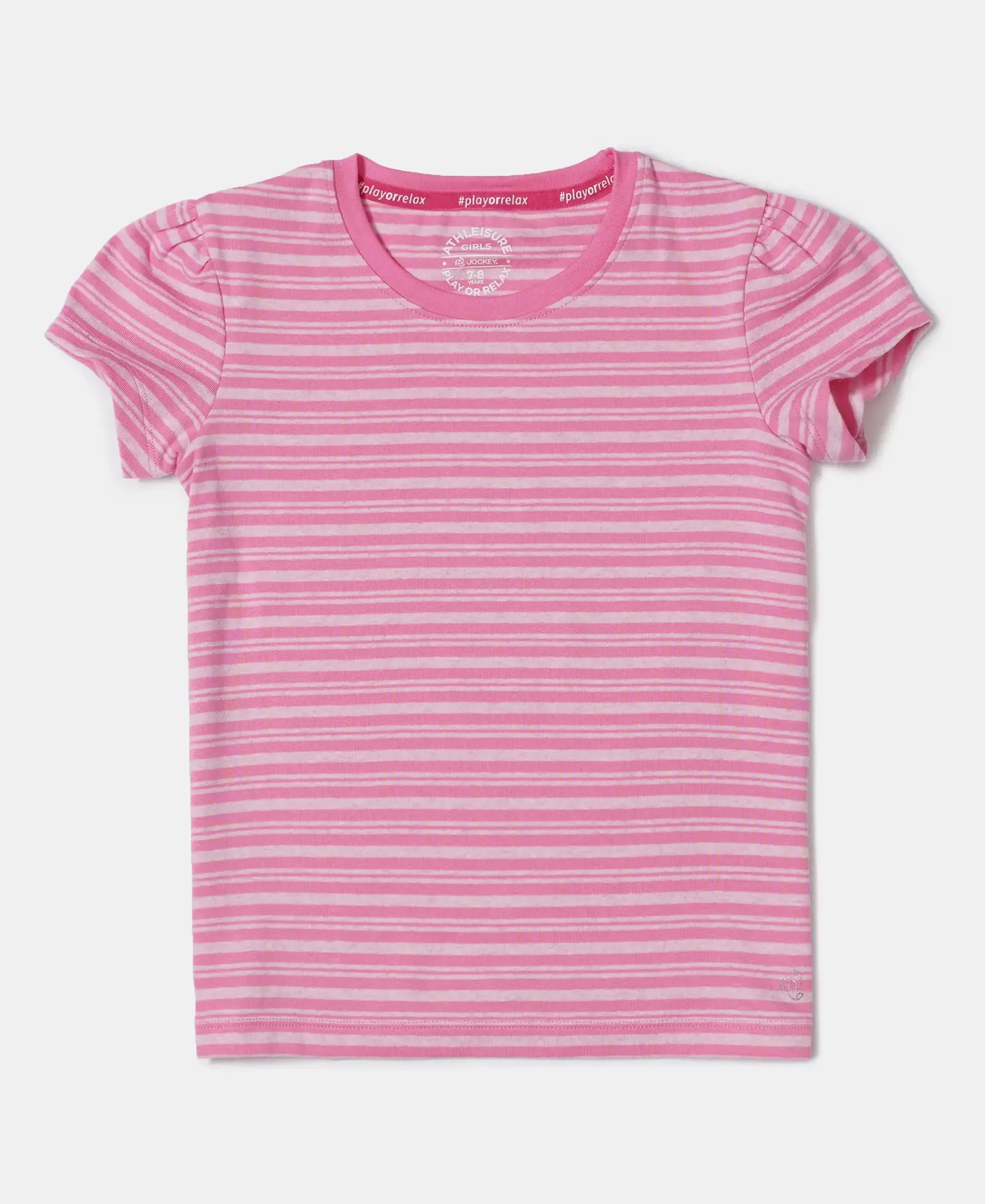 Girl's Super Combed Cotton Elastane Stretch Rib Striped Short Sleeve T-Shirt - Aurora Pink & Pink lady Melange