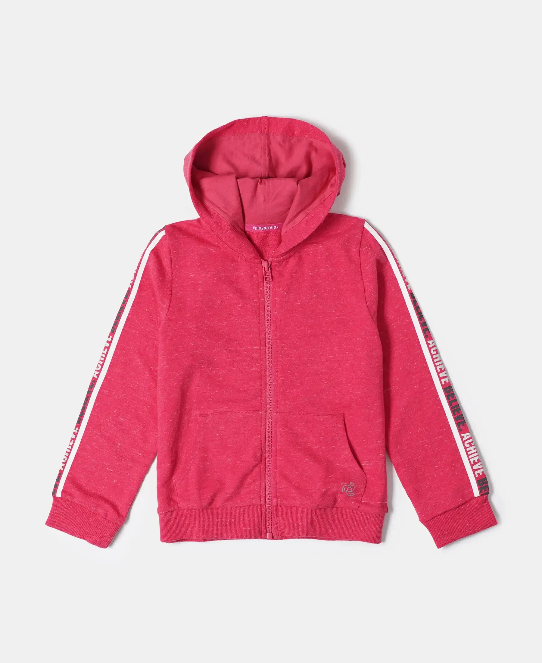 Girl's Super Combed Cotton French Terry Graphic Printed Hoodie Jacket - Ruby Snow Melange