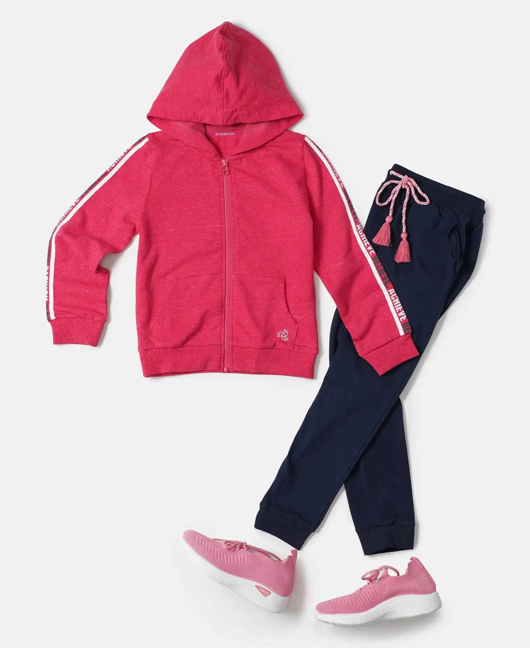 Girl's Super Combed Cotton French Terry Graphic Printed Hoodie Jacket - Ruby Snow Melange