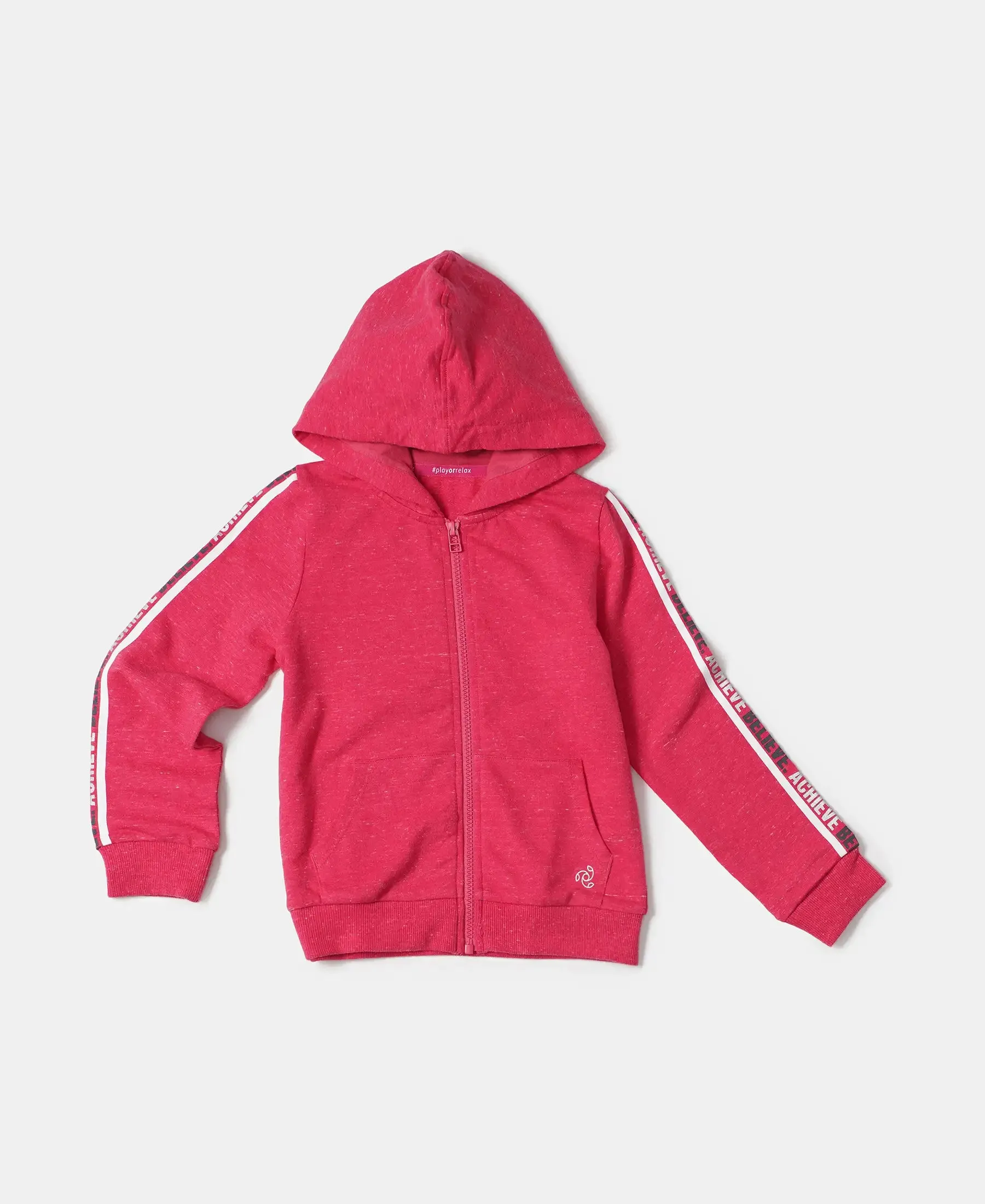 Girl's Super Combed Cotton French Terry Graphic Printed Hoodie Jacket - Ruby Snow Melange