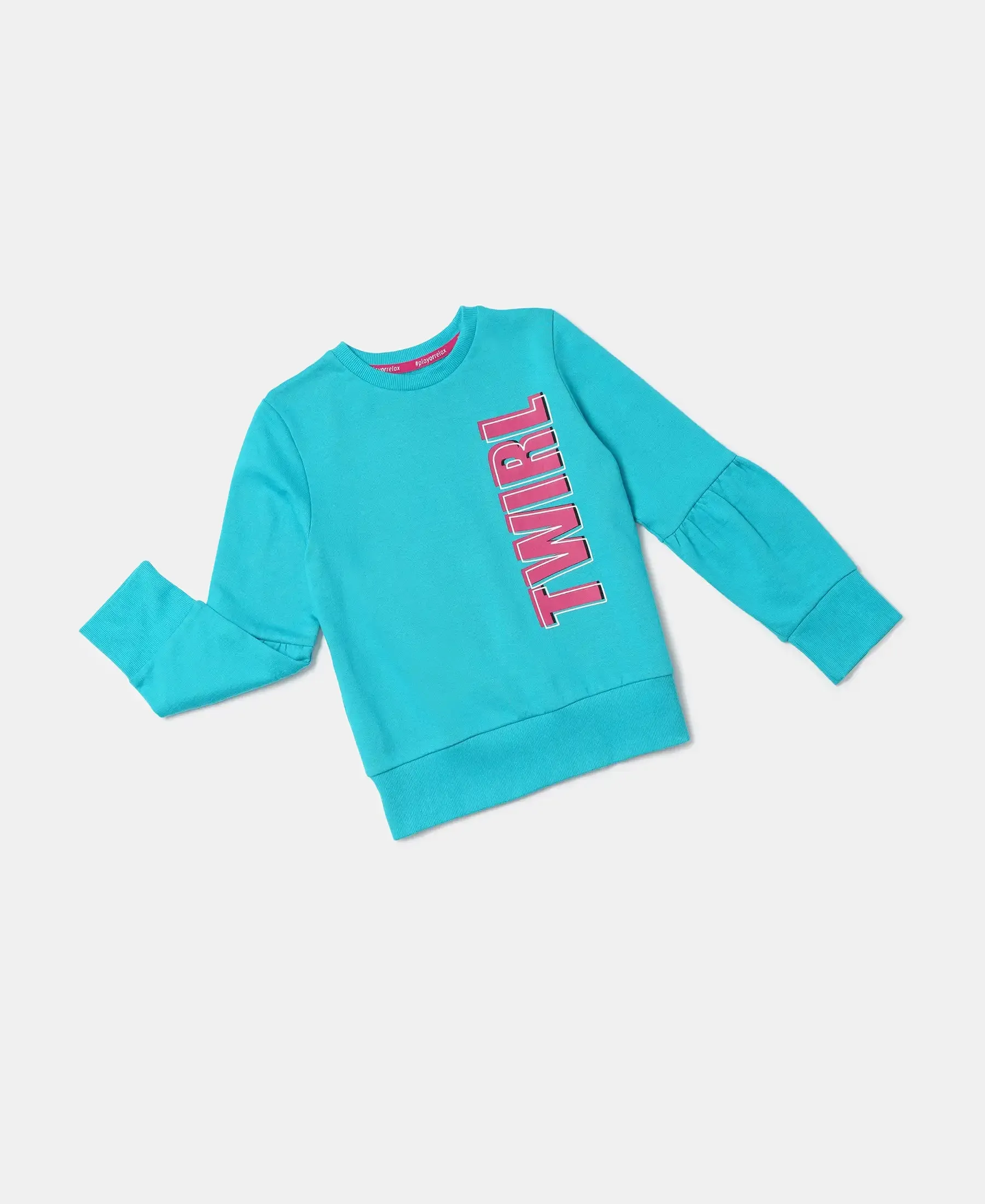 Girl's Super Combed Cotton French Terry Graphic Printed Sweatshirt - Paradise Teal