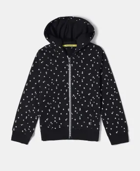 Girl's Super Combed Cotton French Terry Printed Hoodie Jacket - Black Printed