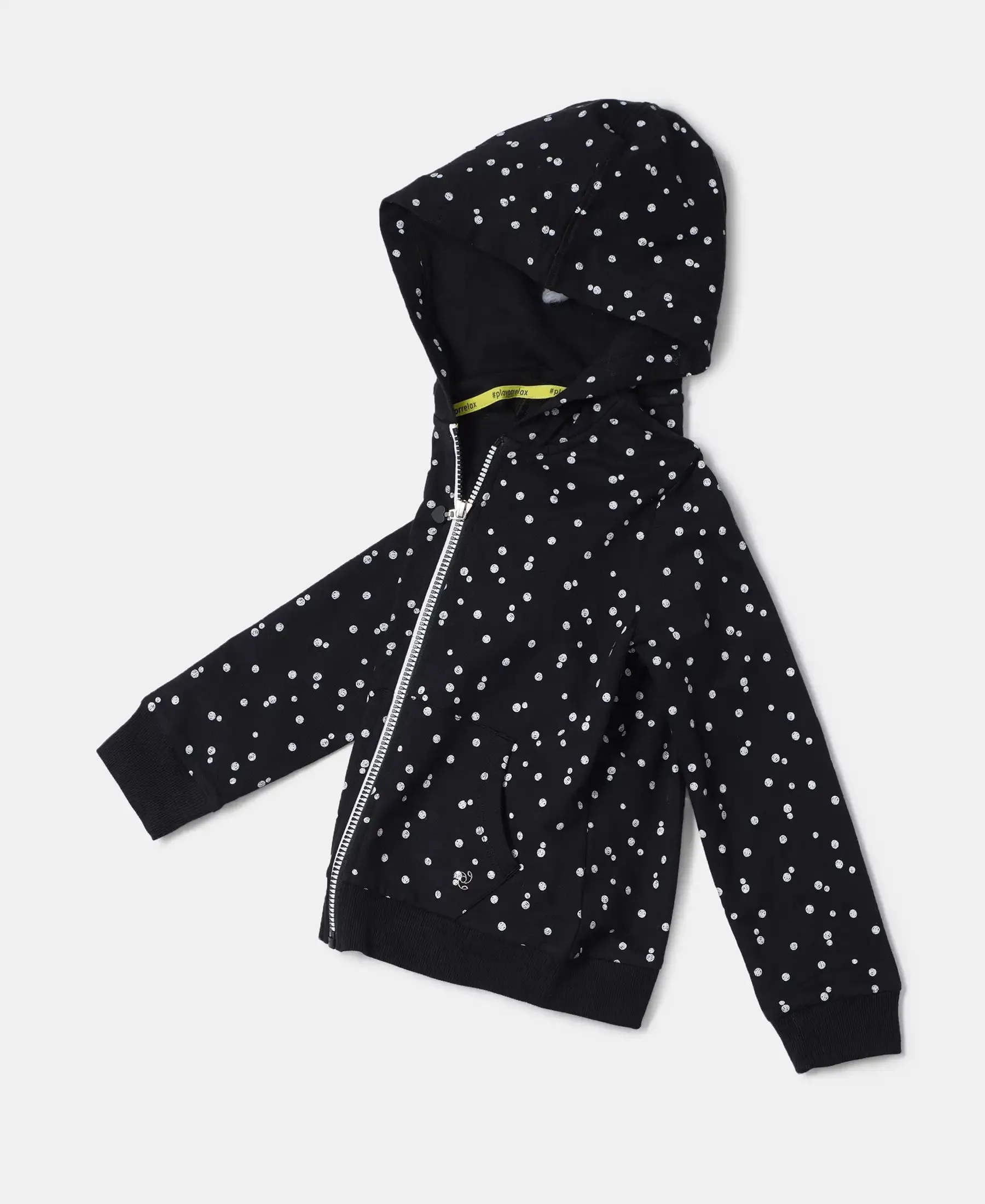 Girl's Super Combed Cotton French Terry Printed Hoodie Jacket - Black Printed