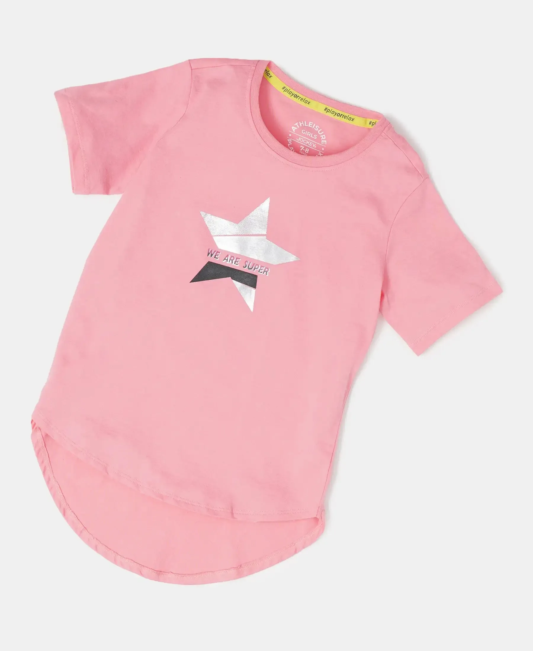 Girl's Super Combed Cotton Graphic Printed Short Sleeve T-Shirt with Hi Low Hem - Flamingo Pink