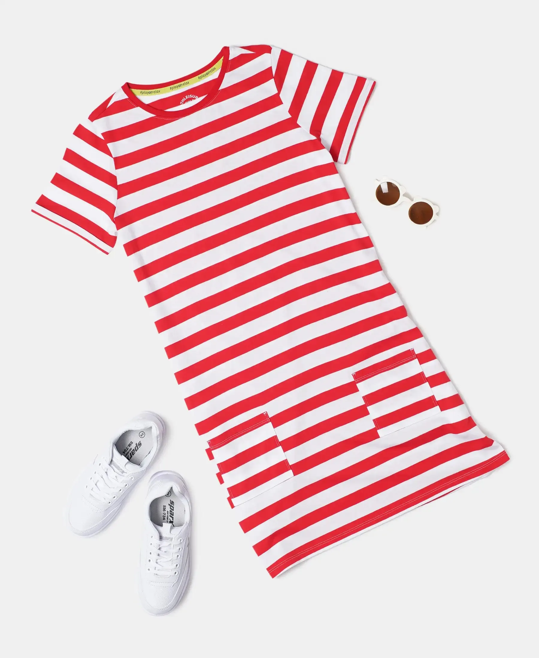 Girl's Super Combed Cotton Striped Dress - Rio Red