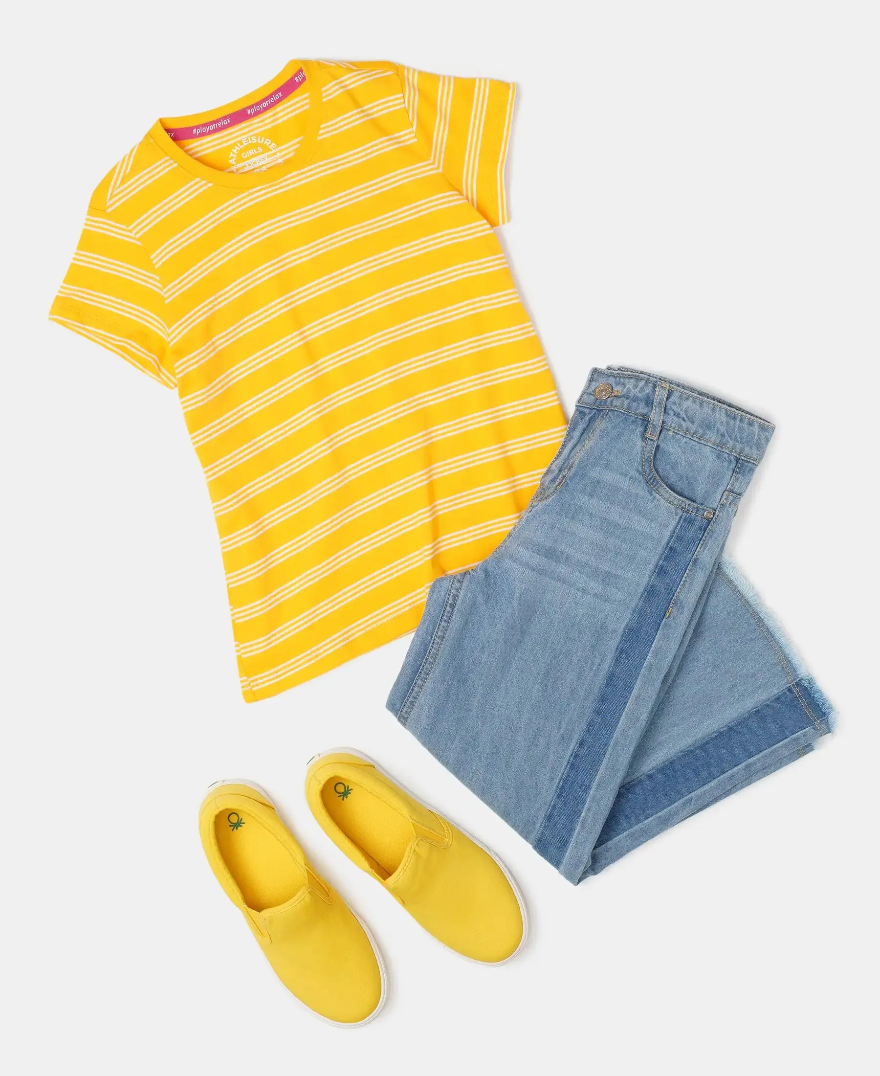 Girl's Super Combed Cotton Striped Short Sleeve T-Shirt - Spectra Yellow